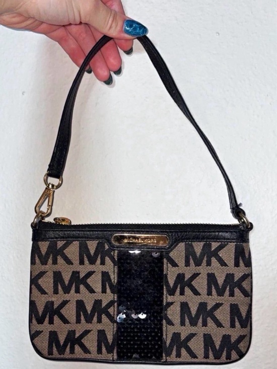 Michael Kors Handbags - Michael Kors Tan and Black MK Logo 7” Wristlet with Black Sequin Stripe